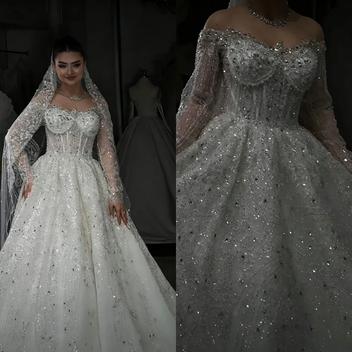 Luxurious Sparkling A-Line Lace Crystal Beaded Women's Wedding Dress Sweetheart Long Sleeve Church Vestido De Novia Customized
Luxurious Sparkling A-Line Lace Crystal Beaded Women's Wedding Dress Sweetheart Long Sleeve Church Vestido De Novia Customized