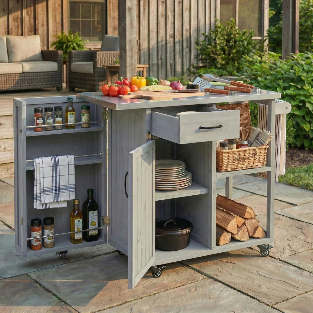 Ye Outdoor Kitchen Island - Fir Wood Prep Station, Lockable Kitchen Cart with Stainless Top, Ample Storage, Towel & Spice Racks for Patio, Grey
Ye Outdoor Kitchen Island - Fir Wood Prep Station, Lockable Kitchen Cart with Stainless Top, Ample Storage, Towel & Spice Racks for Patio, Grey