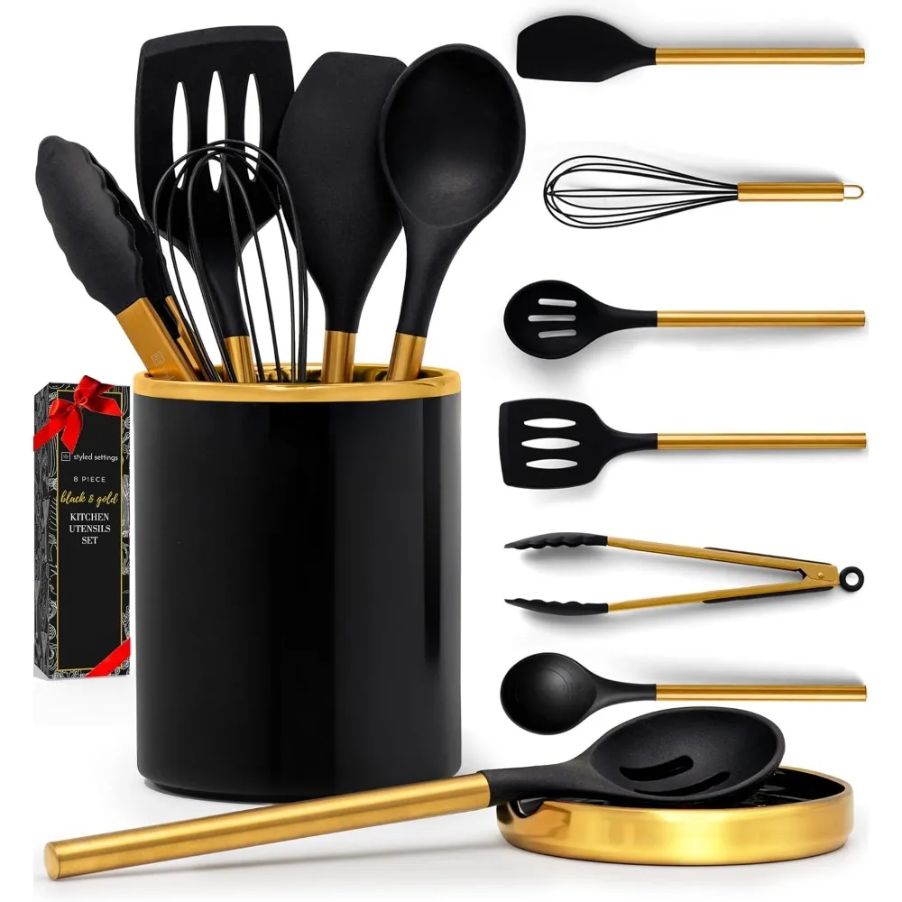 Black and Gold Kitchen Utensils Set – 8 Piece Silicone Cooking Utensils with Gold Handles, Black Ceramic Utensil Holder & Spoon
Black and Gold Kitchen Utensils Set – 8 Piece Silicone Cooking Utensils with Gold Handles, Black Ceramic Utensil Holder & Spoon