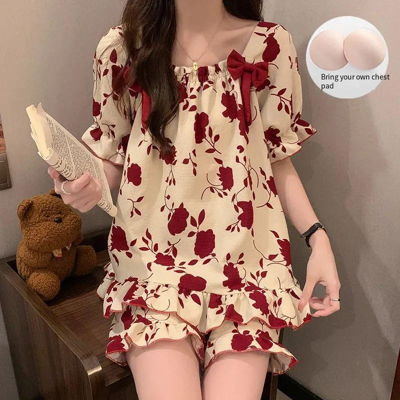 Women's Summer Short Sleeved Sleepwear With Chest Cushion Thin Design Cute Bow Sweet Summer Set Home wear
Women's Summer Short Sleeved Sleepwear With Chest Cushion Thin Design Cute Bow Sweet Summer Set Home wear