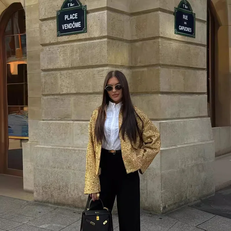 2024 Autumn Winter Outwears Streetwear Golden Sequined Oversized Jackets Women Long Sleeve Zipper Thick Coats Fashion
2024 Autumn Winter Outwears Streetwear Golden Sequined Oversized Jackets Women Long Sleeve Zipper Thick Coats Fashion