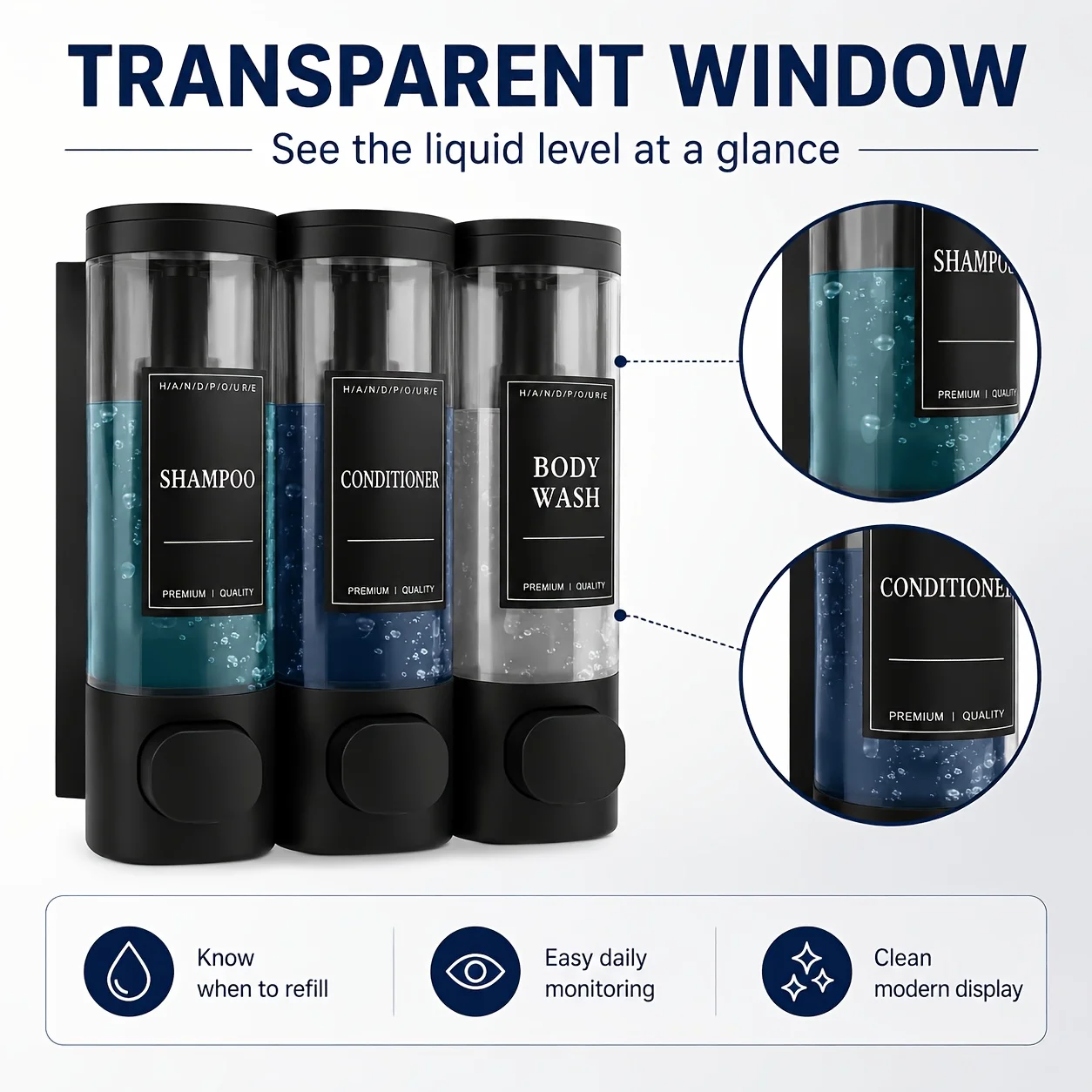 3-piece shampoo and conditioner dispenser wall-mounted soap and shower gel dispenser, soap liquid dispenser, no-drill, rust-proof, large capacity transparent bottle, lockable wall-mounted shower soap dispenser, shampoo dispenser/shower shampoo/bathroom ac
3-piece shampoo and conditioner dispenser wall-mounted soap and shower gel dispenser, soap liquid dispenser, no-drill, rust-proof, large capacity transparent bottle, lockable wall-mounted shower soap dispenser, shampoo dispenser/shower shampoo/bathroom ac