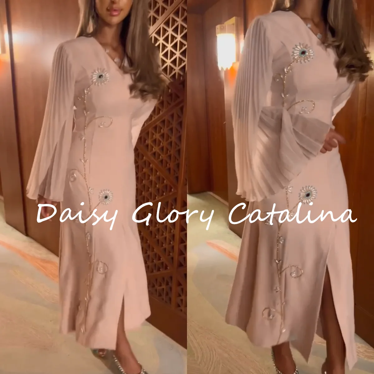 Elegant Beads V-Neck Evening Dresses Flower Pleated Flare Sleeves Front Split Ankle-Length Prom Dresses Formal Women Party Gown
Elegant Beads V-Neck Evening Dresses Flower Pleated Flare Sleeves Front Split Ankle-Length Prom Dresses Formal Women Party Gown