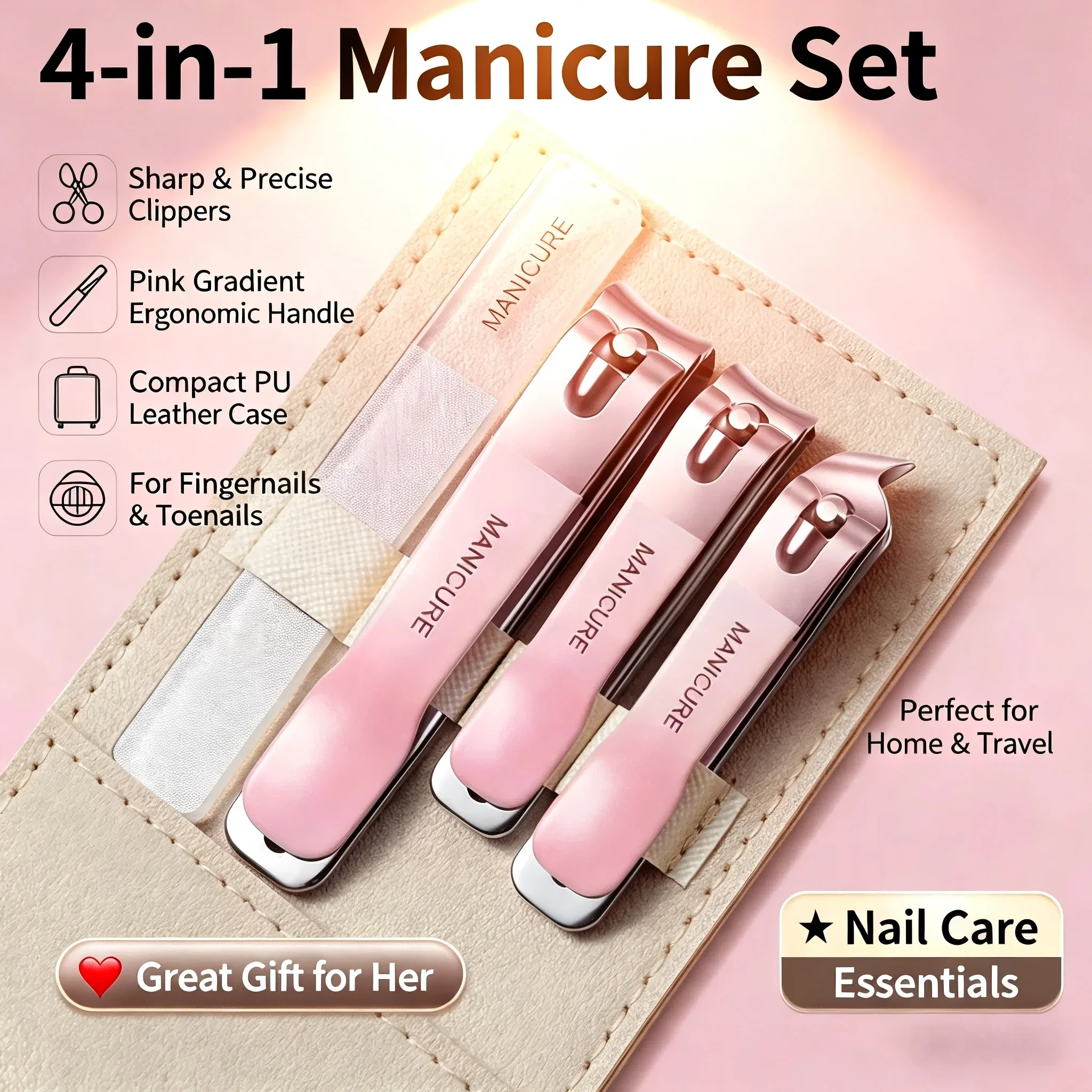 4 in 1 Manicure Kit, Pink Nail Clippers Set with File, Portable PU Leather Case, Stainless Steel, for Women Home Travel
4 in 1 Manicure Kit, Pink Nail Clippers Set with File, Portable PU Leather Case, Stainless Steel, for Women Home Travel