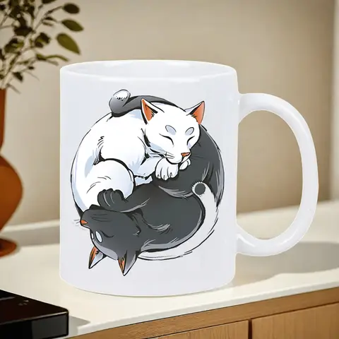 Tazza in ceramica da 1 pezzo con un design di gatto addormentato in bianco e nero yin-yang, perfetta per l'uso quotidiano.