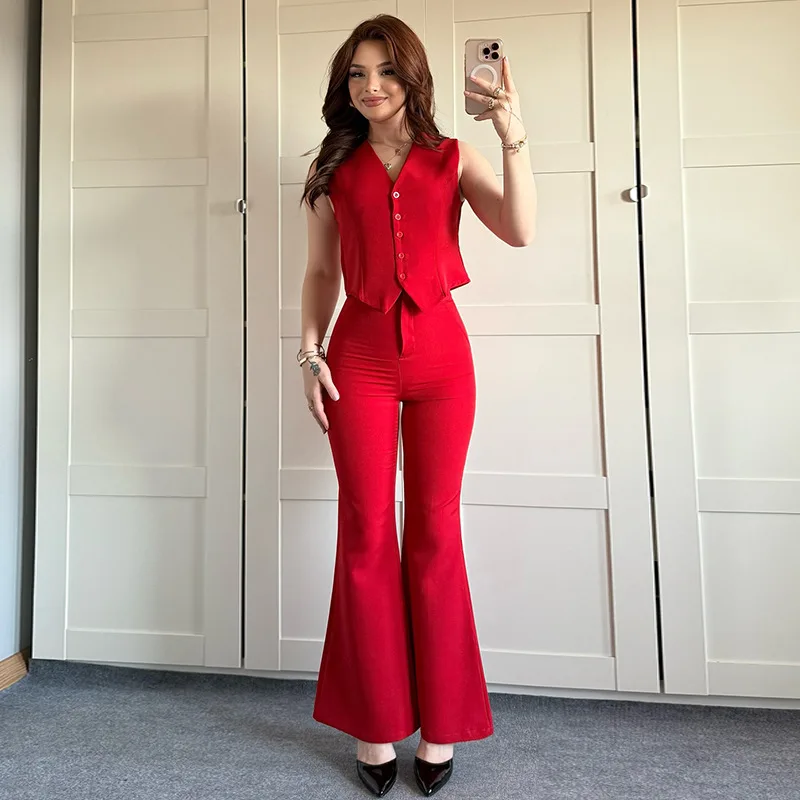 Spring Summer Pants Sets Fashion Minimalism Suit Women V-neck Sleeveless Buttons Crop Tank High Waist Flare Pants Female Set
Spring Summer Pants Sets Fashion Minimalism Suit Women V-neck Sleeveless Buttons Crop Tank High Waist Flare Pants Female Set