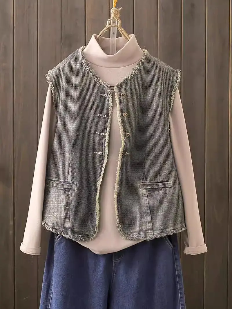 Women's Oversized Denim Jacket Vest - 2024 Retro Round Neck Distressed Raw Hem, Closure Trendy Vintage Spring Summer Top G395
Women's Oversized Denim Jacket Vest - 2024 Retro Round Neck Distressed Raw Hem, Closure Trendy Vintage Spring Summer Top G395