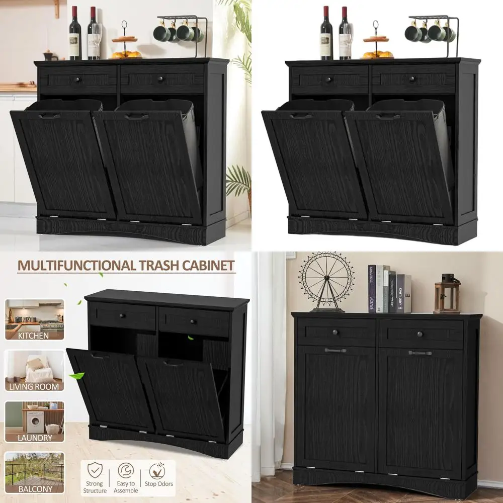 Dual Bin Kitchen Trash & Recycling Cabinet, 26 Gallons, Hidden Storage with Pet Proof Lid, Black
Dual Bin Kitchen Trash & Recycling Cabinet, 26 Gallons, Hidden Storage with Pet Proof Lid, Black