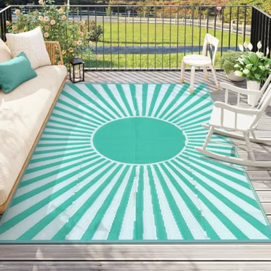Outdoor patio rug for decks, RVs, and camping; waterproof plastic straw material; blue-green reversible design; lightweight and
Outdoor patio rug for decks, RVs, and camping; waterproof plastic straw material; blue-green reversible design; lightweight and