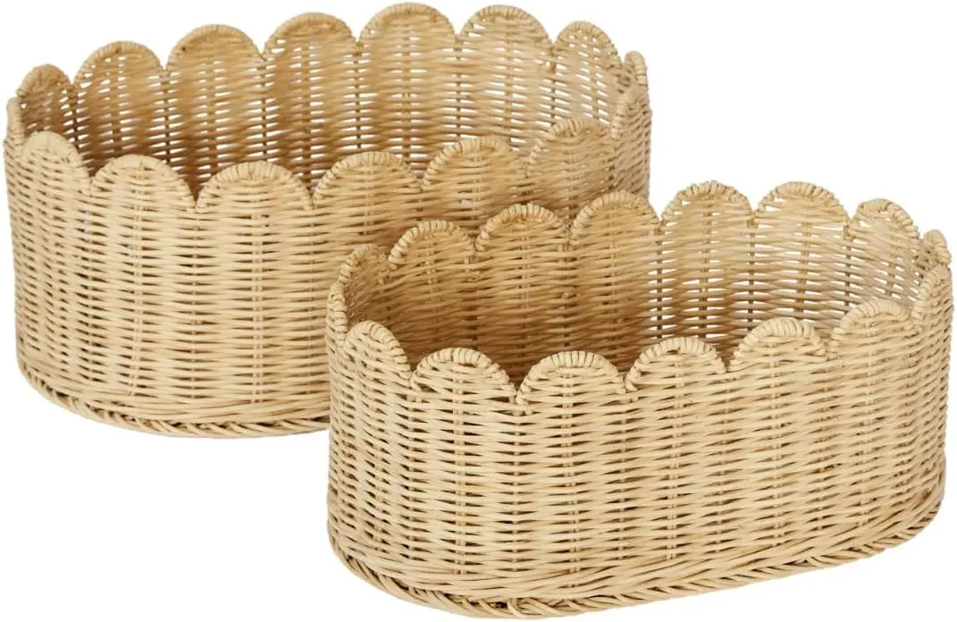 Set of 2 Handwoven Rattan Storage Baskets with Scalloped Edge - 16x10x7 Inch Oval Baskets for Nursery, Bathroom, Bedroom
Set of 2 Handwoven Rattan Storage Baskets with Scalloped Edge - 16x10x7 Inch Oval Baskets for Nursery, Bathroom, Bedroom