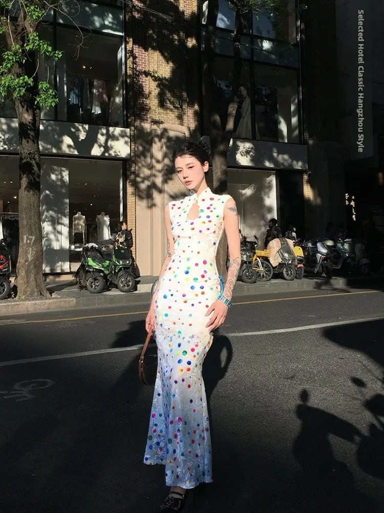 Stazf7 Umei New Chinese Style Vintage Watercolor Polka Dot Qipao Dress Women Summer Elegantly Slimming Fish Tail Long Dress
Stazf7 Umei New Chinese Style Vintage Watercolor Polka Dot Qipao Dress Women Summer Elegantly Slimming Fish Tail Long Dress