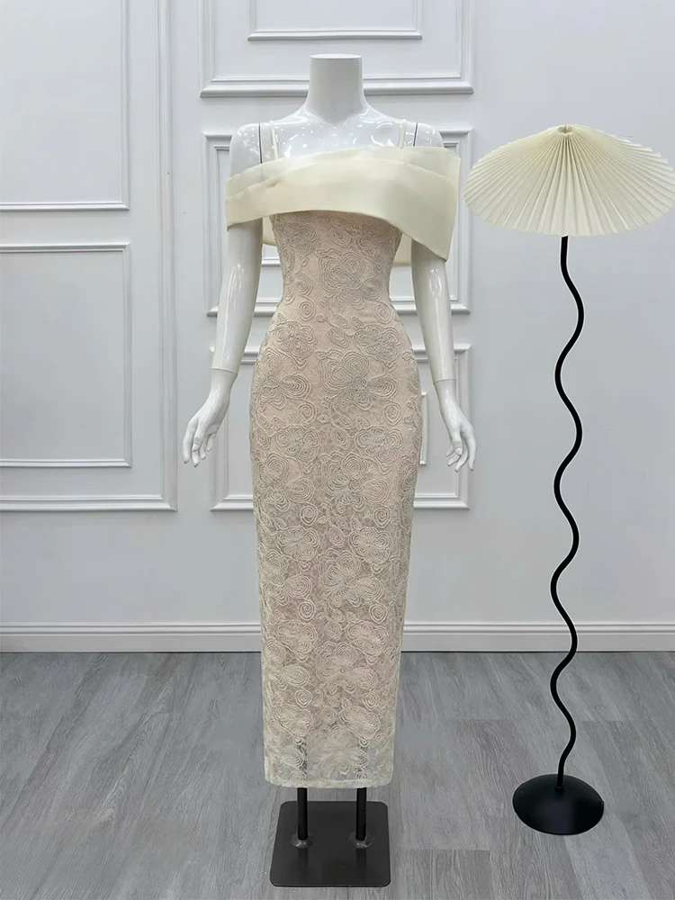 Elegant Lace Embroidery One Shoulder Dress Women's Slimming Long Dress Korean Style High Waist A-Line Skirt for Party And Date
Elegant Lace Embroidery One Shoulder Dress Women's Slimming Long Dress Korean Style High Waist A-Line Skirt for Party And Date