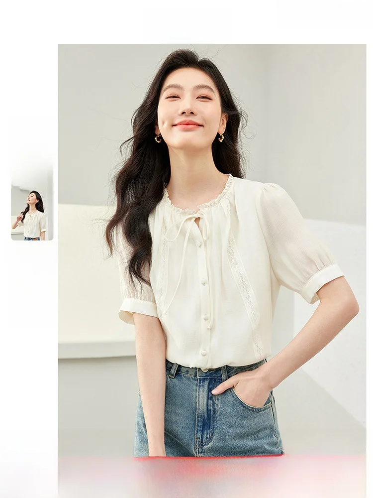 Elegant Short Sleeve Lace Shirt Women's Chiffon Top Cool Lyocell Apricot Color French Style Bubble Sleeve round Neck Pure Color
Elegant Short Sleeve Lace Shirt Women's Chiffon Top Cool Lyocell Apricot Color French Style Bubble Sleeve round Neck Pure Color