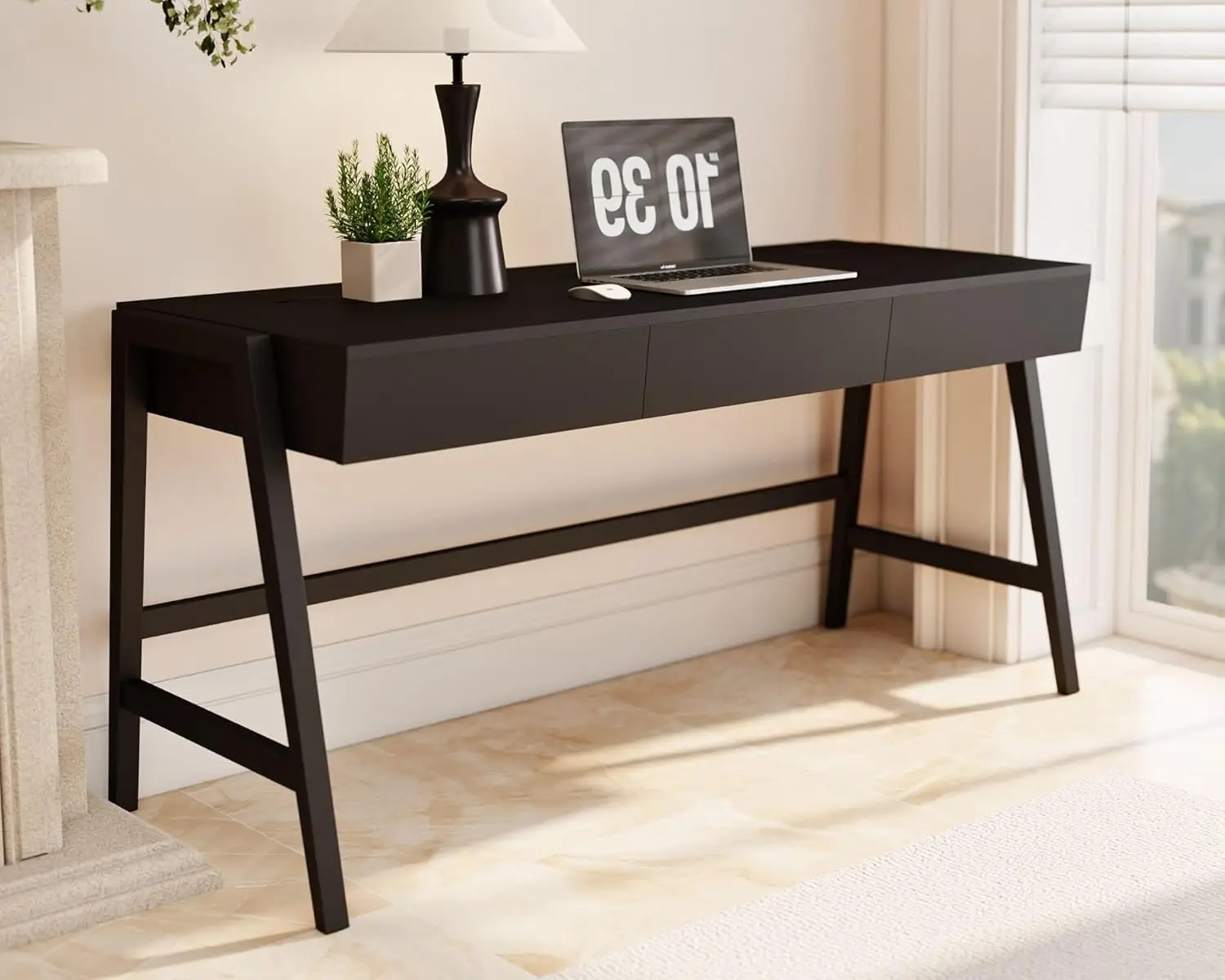 59in Black Wood Desk 3 Drawers MDF Top Rubberwood Legs Cable Hole Corner Vanity Home Office Bedroom, Customized
59in Black Wood Desk 3 Drawers MDF Top Rubberwood Legs Cable Hole Corner Vanity Home Office Bedroom, Customized