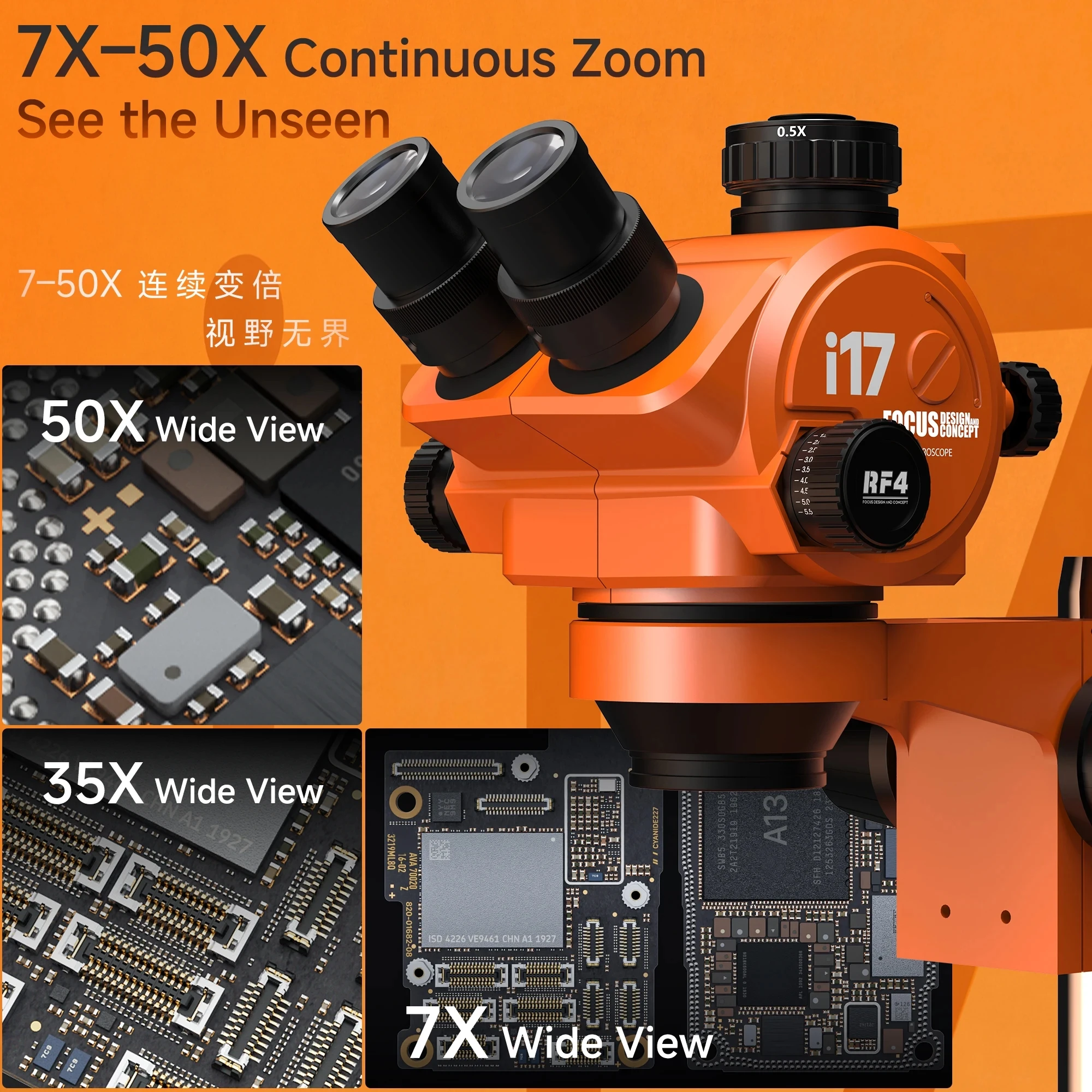 RF4 i17 Trinocular Stereo Microscope 7X-50X Continuous Zoom Heavy Duty Metal Base 260x380mm for Phone PCB Repair and Inspection
RF4 i17 Trinocular Stereo Microscope 7X-50X Continuous Zoom Heavy Duty Metal Base 260x380mm for Phone PCB Repair and Inspection