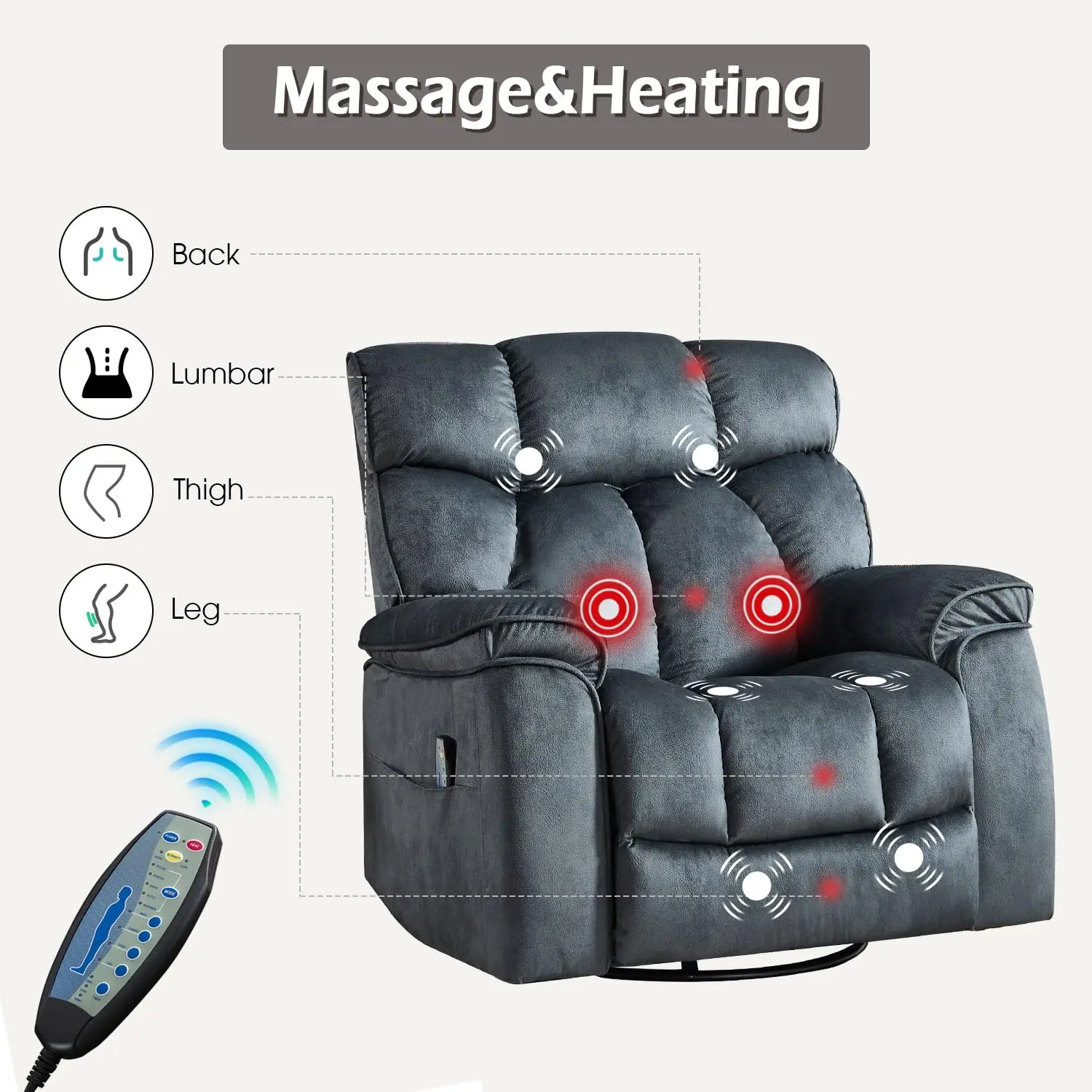 Oversized Rocker Recliner with Heat & Vibration Manual Swivel Massage Padded Soft Fabric Living Room Grey, Custom
Oversized Rocker Recliner with Heat & Vibration Manual Swivel Massage Padded Soft Fabric Living Room Grey, Custom