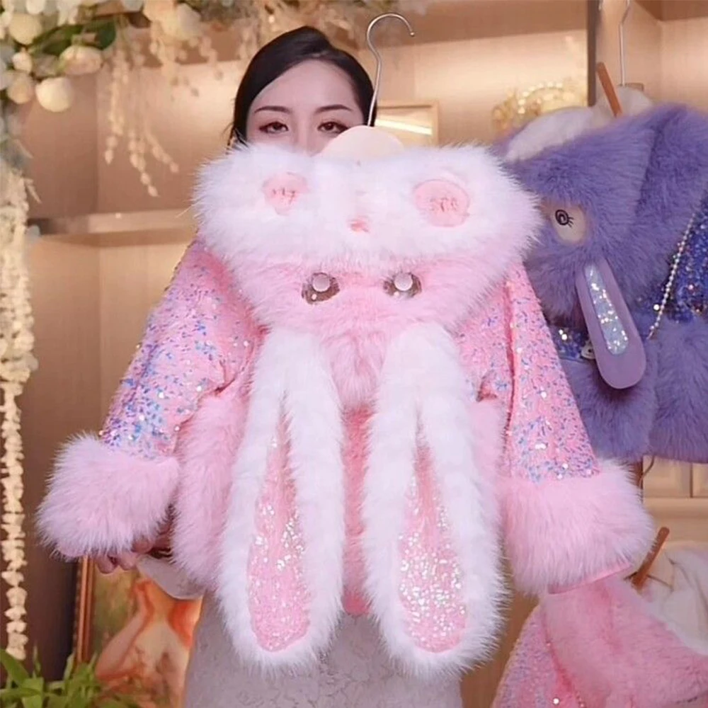 Детское пальто из искусственного меха с кроличьими ушками, плюшевая куртка Kawaii, зимняя модная стеганая куртка с блестками, утепленная теплая верхняя одежда
Детское пальто из искусственного меха с кроличьими ушками, плюшевая куртка Kawaii, зимняя модная стеганая куртка с блестками, утепленная теплая верхняя одежда