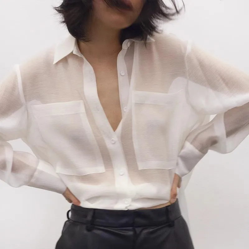 2023 New Shirt Slightly Transparent Ladies Loose Simple Long-Sleeved Blouse and Tops with Large Pockets
2023 New Shirt Slightly Transparent Ladies Loose Simple Long-Sleeved Blouse and Tops with Large Pockets
