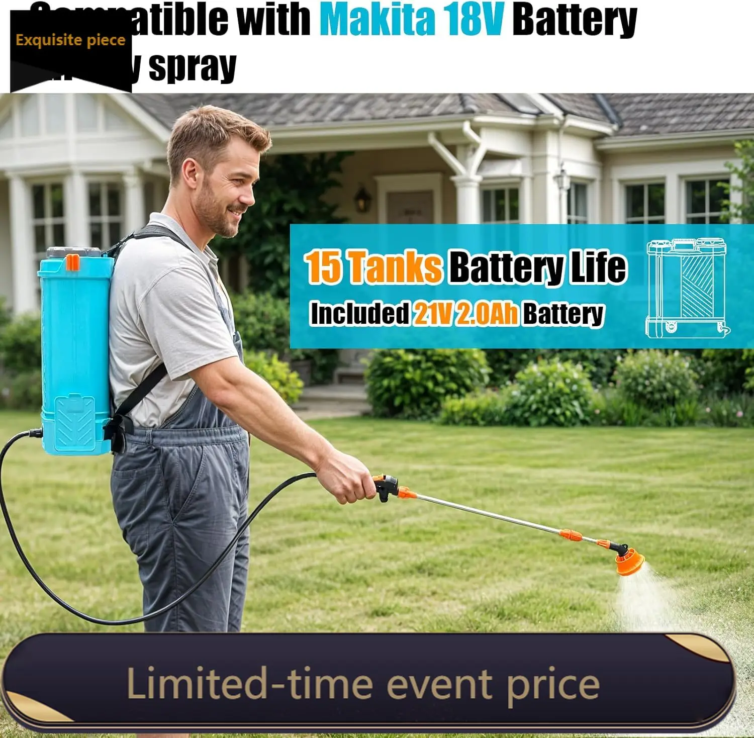 Аккумуляторный ранцевый опрыскиватель 3 галлона, 80 PSI, с регулируемым давлением, совместимый с 18В электрической насадкой, пять насадок, аккумулятор 20 Ач
Аккумуляторный ранцевый опрыскиватель 3 галлона, 80 PSI, с регулируемым давлением, совместимый с 18В электрической насадкой, пять насадок, аккумулятор 20 Ач