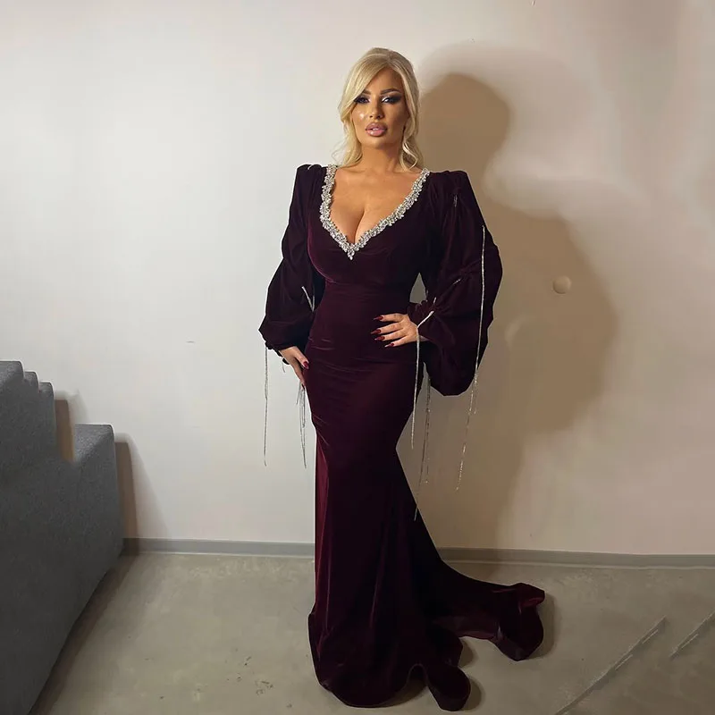 Thinyfull 2025 Mermaid Prom Evening Dresses V-Neck Puff Sleeve Beadings Velvet Party Dress Sexy Cocktail Prom Gowns Customized
Thinyfull 2025 Mermaid Prom Evening Dresses V-Neck Puff Sleeve Beadings Velvet Party Dress Sexy Cocktail Prom Gowns Customized