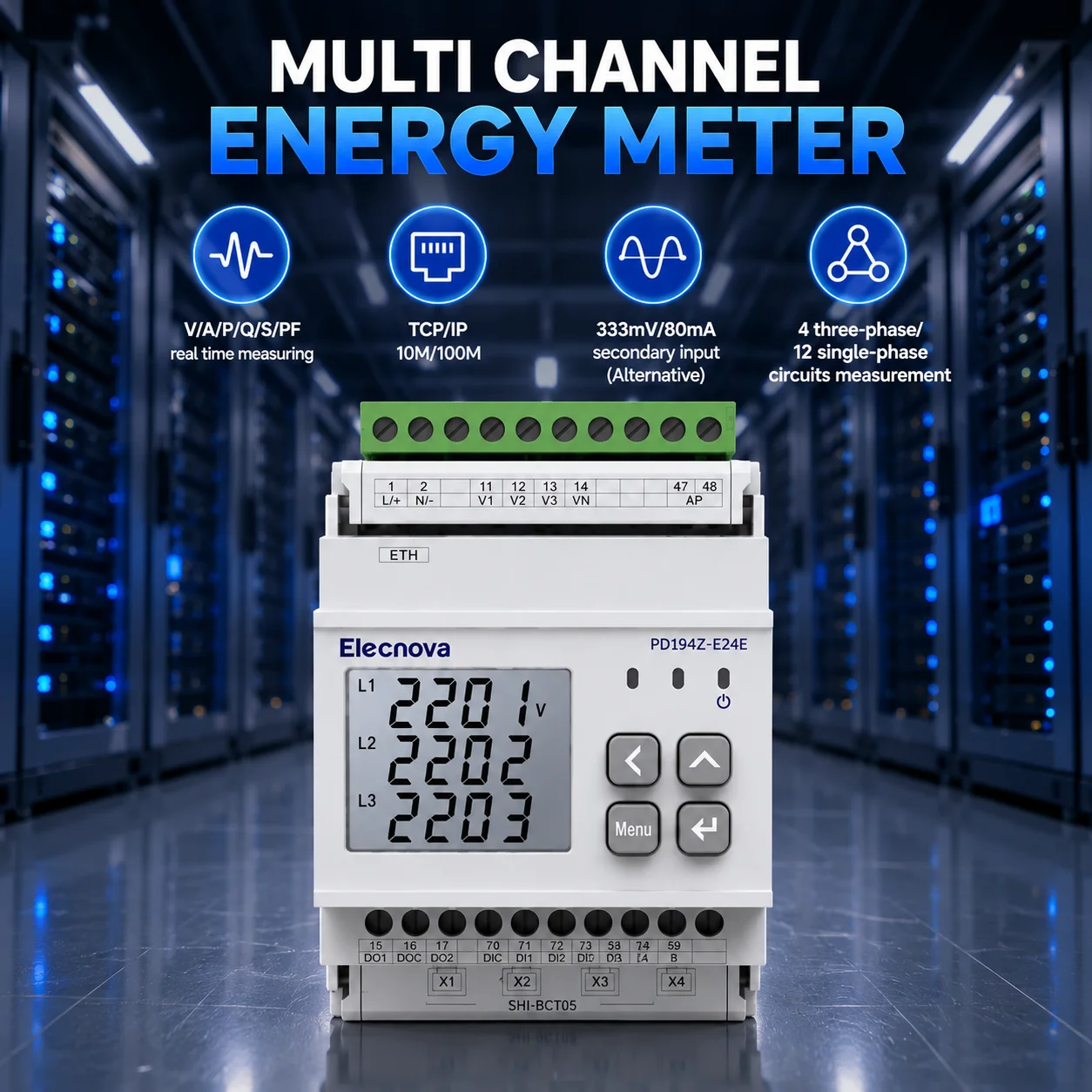 Multi-channel electricity meters for data center power monitoring, featuring TCP/IP communication and real-time energy analysis
Multi-channel electricity meters for data center power monitoring, featuring TCP/IP communication and real-time energy analysis