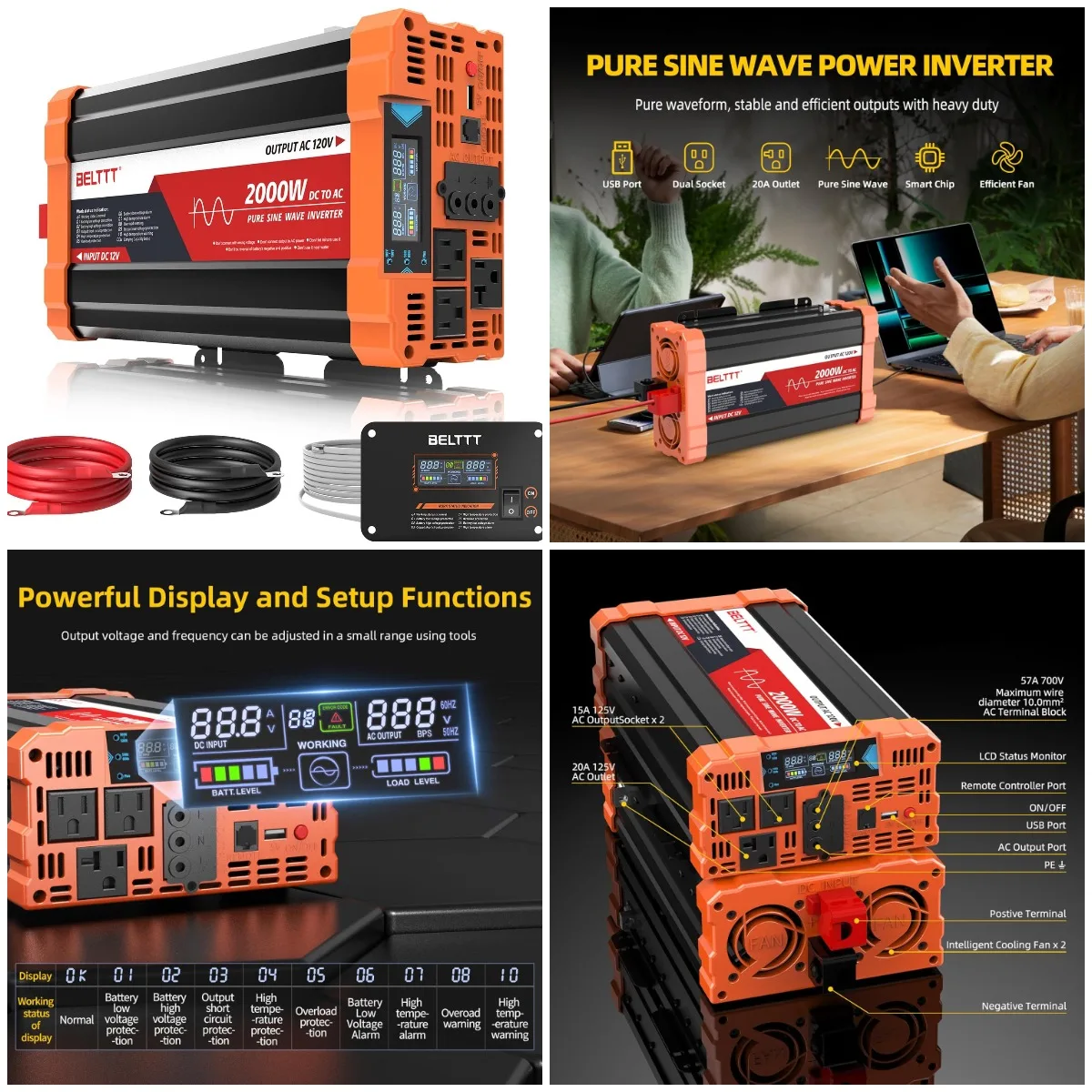 2000W Pure Sine Wave Inverter 12V to 120V AC Converter for RV, Truck, Solar, Outdoor with Dual AC, USB, Surge 4000W, Remote
2000W Pure Sine Wave Inverter 12V to 120V AC Converter for RV, Truck, Solar, Outdoor with Dual AC, USB, Surge 4000W, Remote