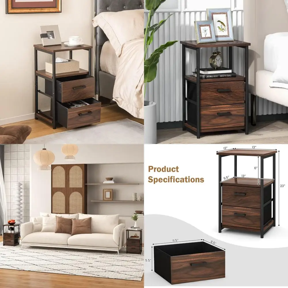 Industrial Style Small Nightstand with Open Wood Shelf and Fabric Drawers
Industrial Style Small Nightstand with Open Wood Shelf and Fabric Drawers