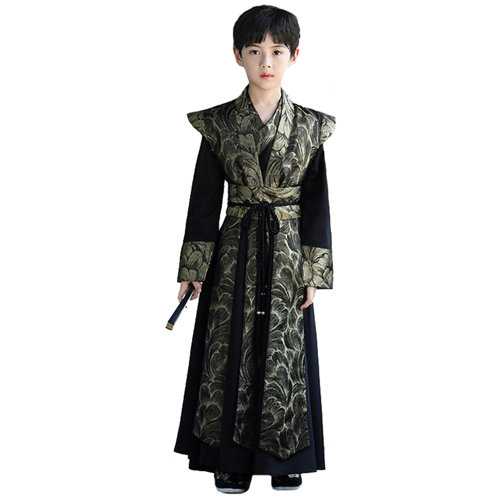 Chinese Original Hanfu Gold Embroidery Black Tang Dynasty and Ming Dynasty Traditional Boys Chinese New Year Kids Hanfu Outfit
Chinese Original Hanfu Gold Embroidery Black Tang Dynasty and Ming Dynasty Traditional Boys Chinese New Year Kids Hanfu Outfit