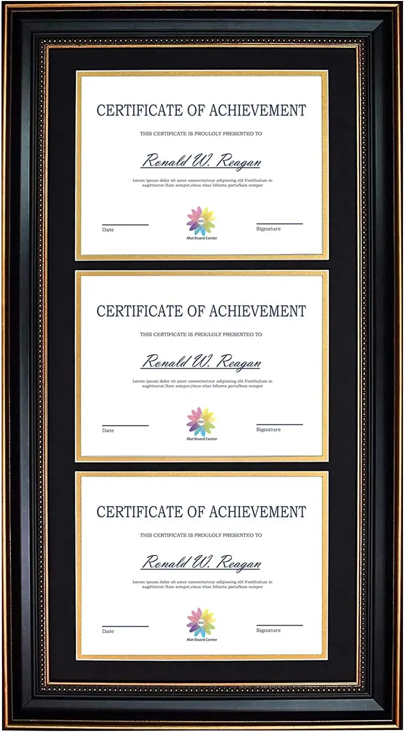 14x29 Triple Diploma Frame for 3 Certificates 8.5x11, Black/Gold Mat, Real Glass, Wall Display
14x29 Triple Diploma Frame for 3 Certificates 8.5x11, Black/Gold Mat, Real Glass, Wall Display