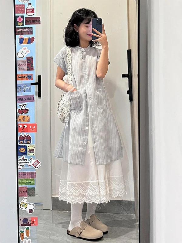 Retro Shirt Dress Set Summer White Skirt Sweet First Love Midi Length Layering Two-Piece Set Short Sleeve Button-Up Style
Retro Shirt Dress Set Summer White Skirt Sweet First Love Midi Length Layering Two-Piece Set Short Sleeve Button-Up Style