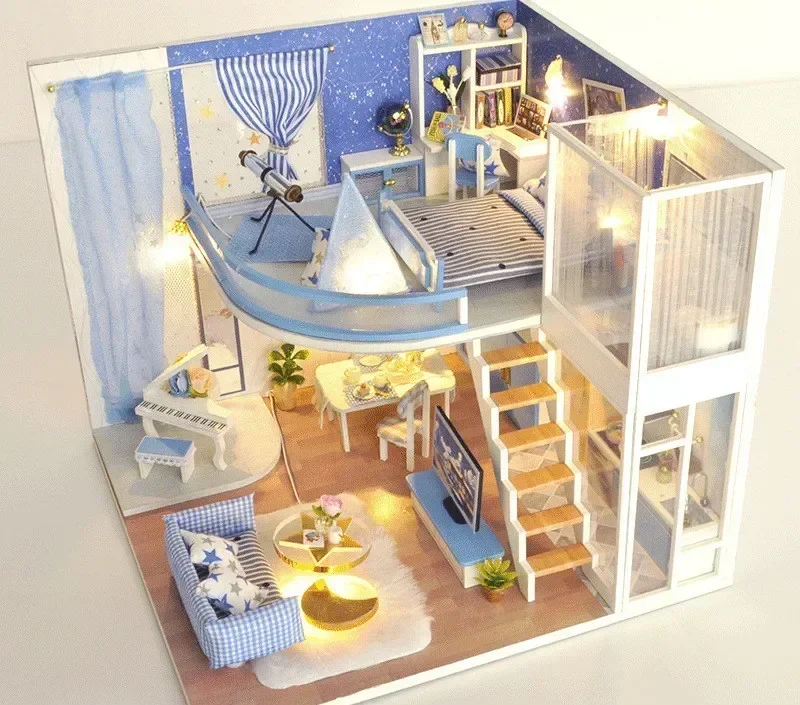 Кукольный домик ручной работы, музыка + светодиодный светильник, фортепиано, вилла, дуплексное здание, деревянный миниатюрный кукольный домик, мебель, телескоп, игрушка для комнаты
Кукольный домик ручной работы, музыка + светодиодный светильник, фортепиано, вилла, дуплексное здание, деревянный миниатюрный кукольный домик, мебель, телескоп, игрушка для комнаты