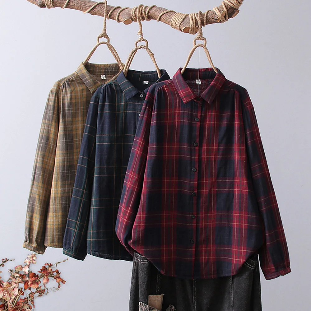 Japanese Mori Kei Clothing Vintage Plaid Cotton Shirts Women Spring Autumn Turn Down Collar Long Sleeve Casual Loose Blouse Tops
Japanese Mori Kei Clothing Vintage Plaid Cotton Shirts Women Spring Autumn Turn Down Collar Long Sleeve Casual Loose Blouse Tops