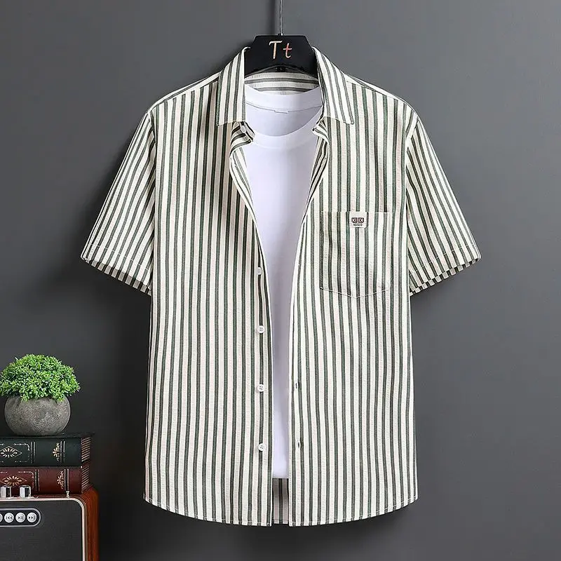 Men's Green White Vertical Striped Short Sleeve Shirt Turn Down Collar Casual Button Down Top With Pocket
Men's Green White Vertical Striped Short Sleeve Shirt Turn Down Collar Casual Button Down Top With Pocket
