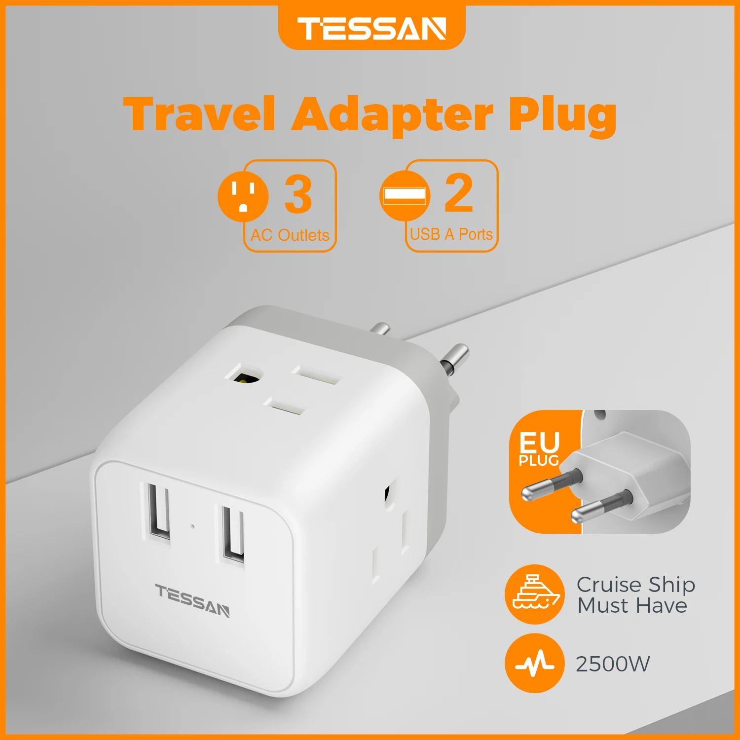 TESSAN Адаптер для путешествий из США в Европу 5 в 1 с 3 розетками и 2 USB-портами для США в Исландии, Испании, Франции, Кореи
TESSAN Адаптер для путешествий из США в Европу 5 в 1 с 3 розетками и 2 USB-портами для США в Исландии, Испании, Франции, Кореи