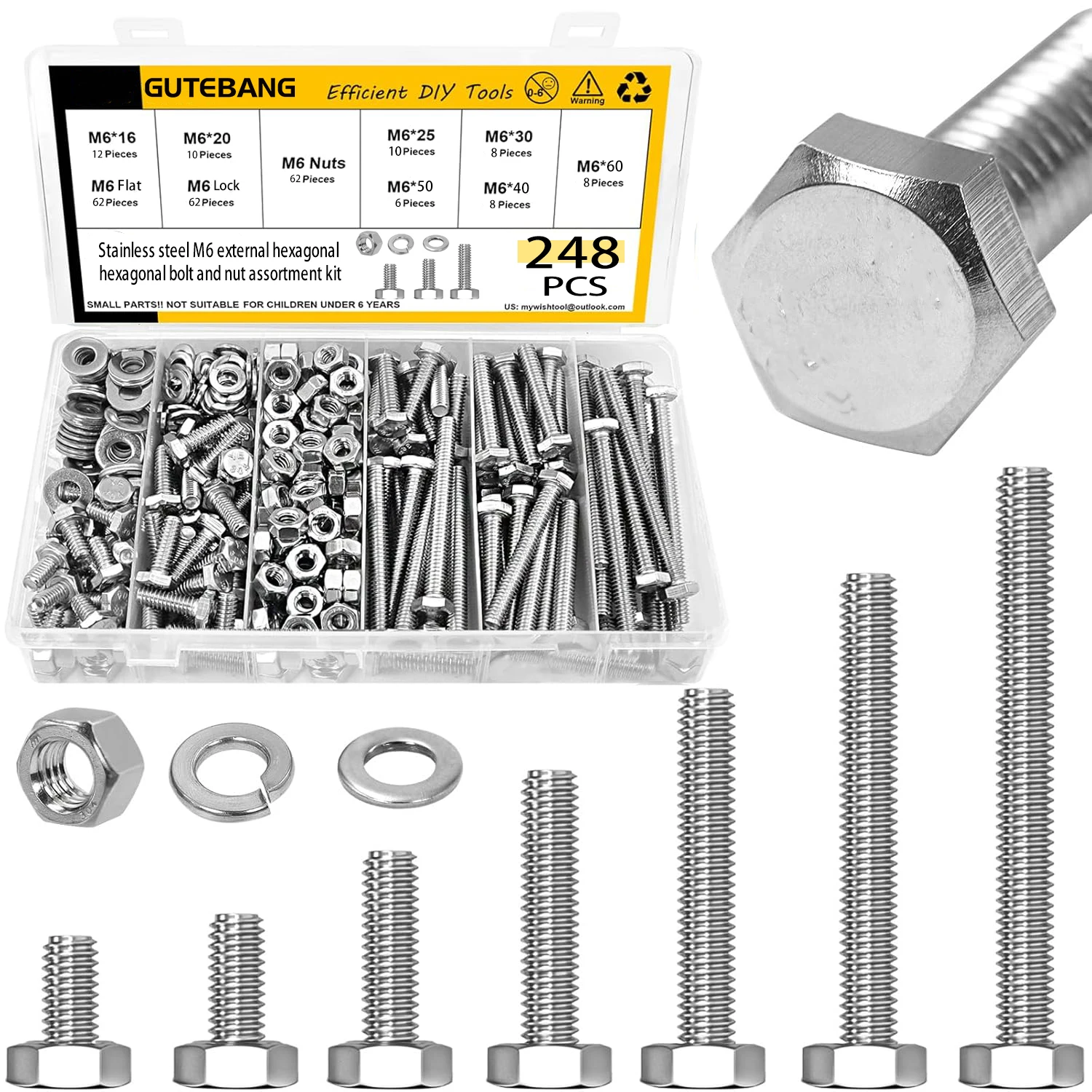248-piece M6 Hex Bolt and Nut Assortment Kit, Stainless Steel Bolt Nut and Washer Spring Washer Set, Fully Threaded
248-piece M6 Hex Bolt and Nut Assortment Kit, Stainless Steel Bolt Nut and Washer Spring Washer Set, Fully Threaded