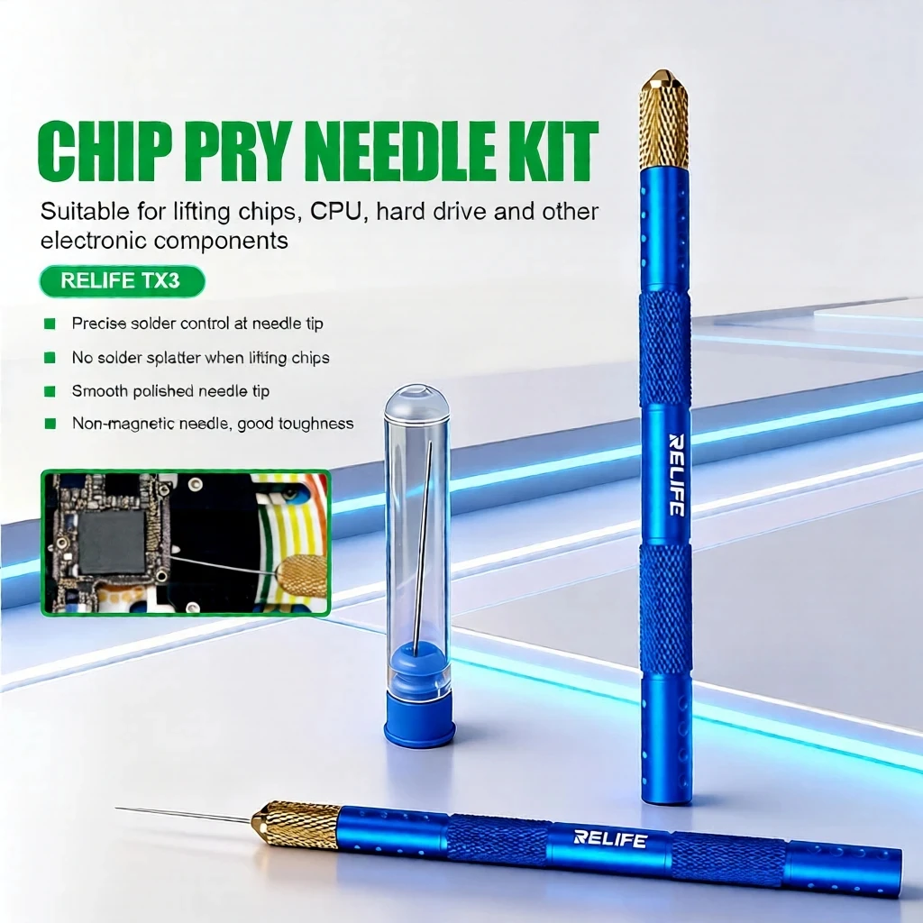RELIFE TX3 Precision Chip Pry Needle Kit Non-Magnetic Tips for Mobile Phone PCB BGA SMD Motherboard Component Removal Repair
RELIFE TX3 Precision Chip Pry Needle Kit Non-Magnetic Tips for Mobile Phone PCB BGA SMD Motherboard Component Removal Repair