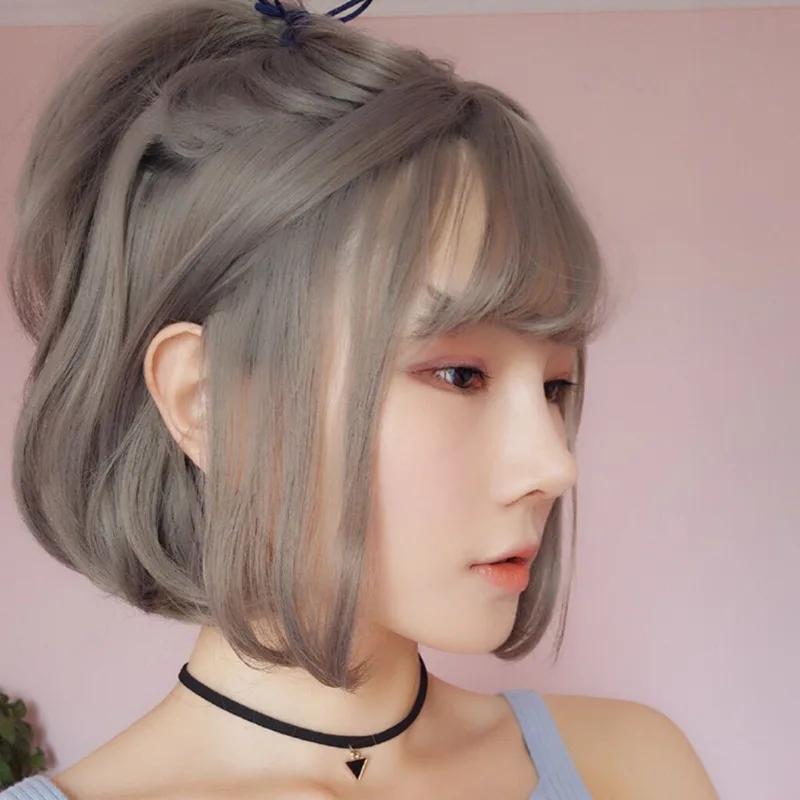 Synthetic Japanese Korean wigs women short bob haircut with (silver-gray) color bangs short straight hair bob cut, full head wig
Synthetic Japanese Korean wigs women short bob haircut with (silver-gray) color bangs short straight hair bob cut, full head wig