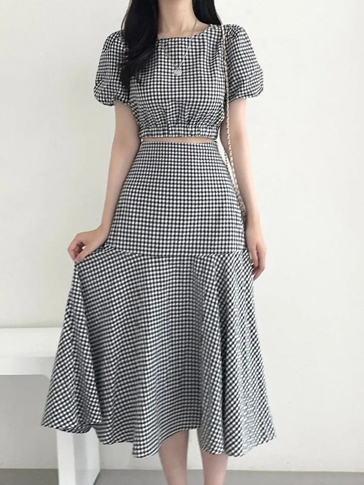 Faionable Summer Outfit Women's ort Plaid Bubble Sve Top High Waist Lace f Skirt Set round Ne ort Sve Polyester
Faionable Summer Outfit Women's ort Plaid Bubble Sve Top High Waist Lace f Skirt Set round Ne ort Sve Polyester