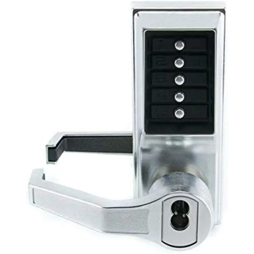 Mechanical Pushbutton Lever Lock with Combination Entry, Key Override, Passage, 1m Throw, 70mm Backset, 6/7 Pin Core, Satin Chro
Mechanical Pushbutton Lever Lock with Combination Entry, Key Override, Passage, 1m Throw, 70mm Backset, 6/7 Pin Core, Satin Chro