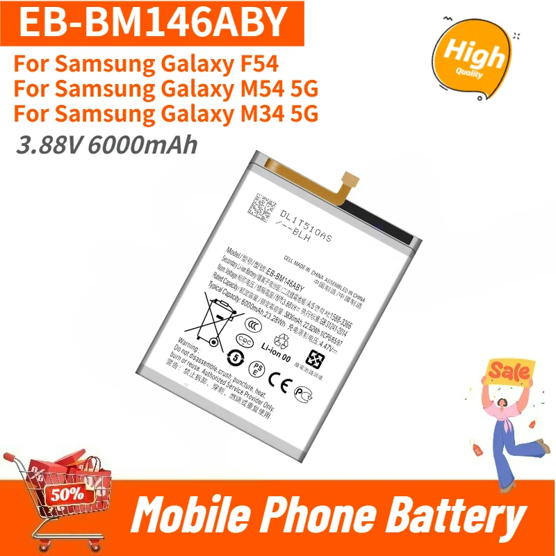 High Capacity EB-BM146ABY Phone Battery 3.88V 6000mAh For Samsung Galaxy F54 M54 5G/M34 5G Brand New Replacement Battery
High Capacity EB-BM146ABY Phone Battery 3.88V 6000mAh For Samsung Galaxy F54 M54 5G/M34 5G Brand New Replacement Battery