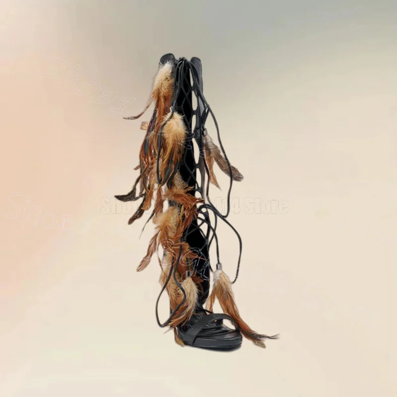 Brown Feather Black Cross Tied Sandals Boots Back Zipper Women Shoes Thin High Heels Open Toe New Party 2026 Zapatos Para Mujere
Brown Feather Black Cross Tied Sandals Boots Back Zipper Women Shoes Thin High Heels Open Toe New Party 2026 Zapatos Para Mujere
