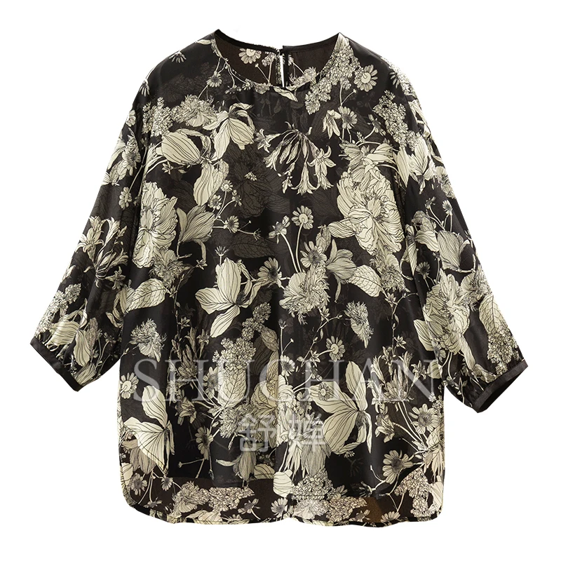 Elegant luxury, French G designer printed silk double crepe round neck seven-quarter sleeve blouse women 33C5
Elegant luxury, French G designer printed silk double crepe round neck seven-quarter sleeve blouse women 33C5