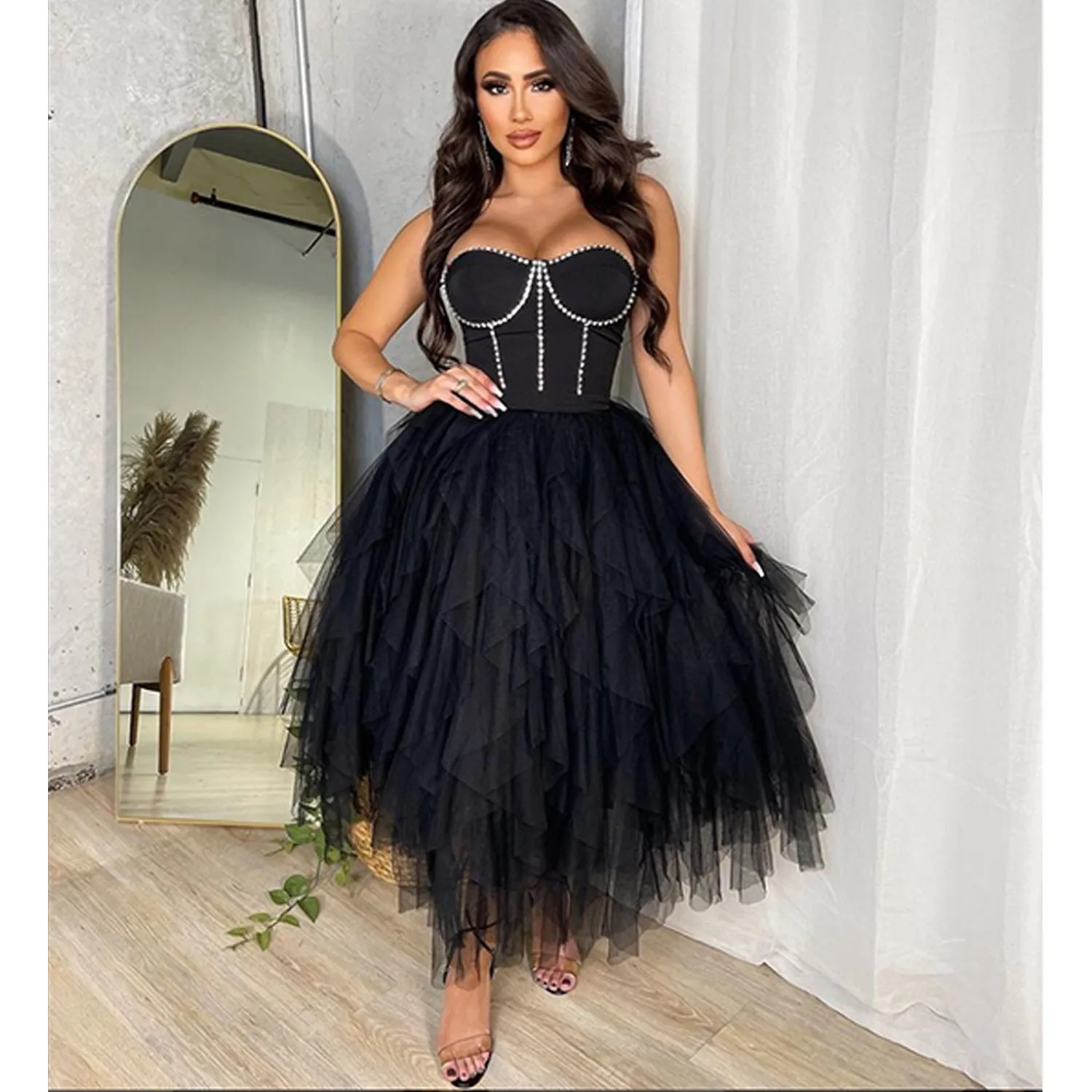 Women's Summer Bandage Dress Fashion Rhinestoe Decoration Gauze Splicing Princess Skirt Chic Birthday Party Dating Clothing
Women's Summer Bandage Dress Fashion Rhinestoe Decoration Gauze Splicing Princess Skirt Chic Birthday Party Dating Clothing