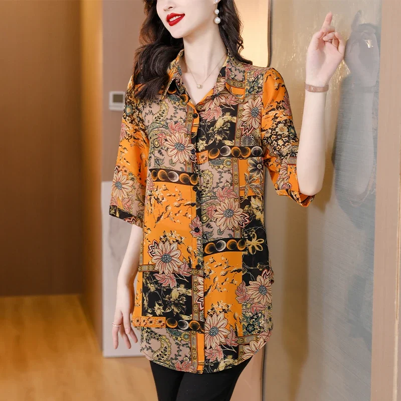 Summer Floral Short Sleeve Polo Collar Blouses Women Fashion Elegant Cardigan Shirts 2025 New Korean Chic Loose Top Coats
Summer Floral Short Sleeve Polo Collar Blouses Women Fashion Elegant Cardigan Shirts 2025 New Korean Chic Loose Top Coats