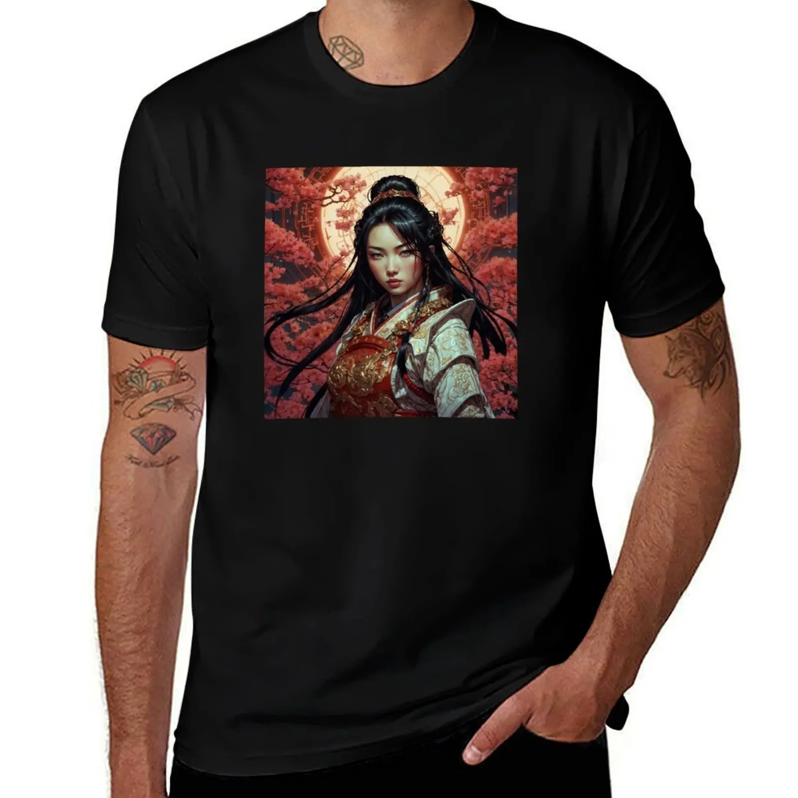 Red-Clad Warrior Woman Fierce Japanese-Inspired Female Fighter, Elegant Battle Art T-Shirt summer top Men's t-shirts 
Red-Clad Warrior Woman Fierce Japanese-Inspired Female Fighter, Elegant Battle Art T-Shirt summer top Men's t-shirts