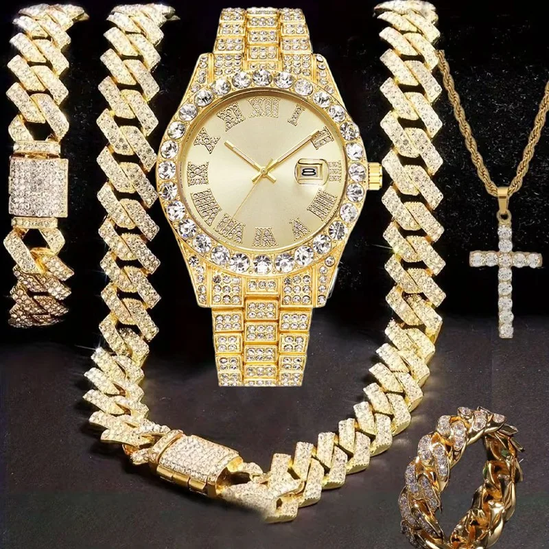 Women's Full Diamond Silver Watch and Jewelry Combo Set, Iced Out Cuban Chain + 2 Bracelets + Cross Pendant + Ring + Watch,
Women's Full Diamond Silver Watch and Jewelry Combo Set, Iced Out Cuban Chain + 2 Bracelets + Cross Pendant + Ring + Watch,