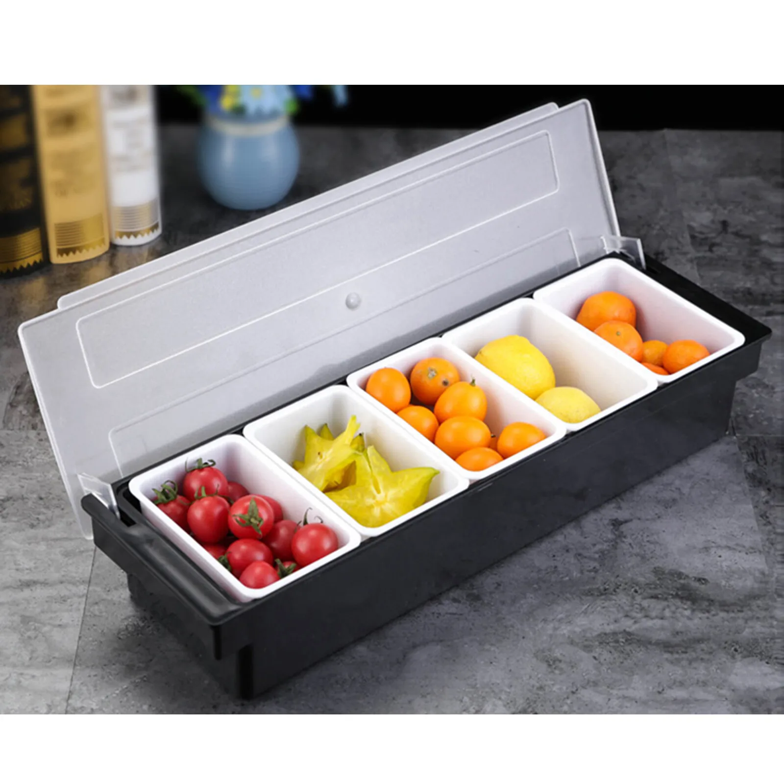1pc 5-Compartment Topping Station with Lid - Versatile Condiment Organizer for Bar Ice Cream Salad Bar Restaurant
1pc 5-Compartment Topping Station with Lid - Versatile Condiment Organizer for Bar Ice Cream Salad Bar Restaurant