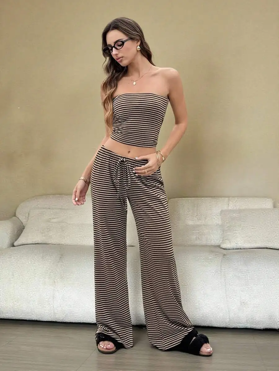 Coffee Brown Striped Womens Pajama Set Tube Top And Wide Leg Pants
Coffee Brown Striped Womens Pajama Set Tube Top And Wide Leg Pants
