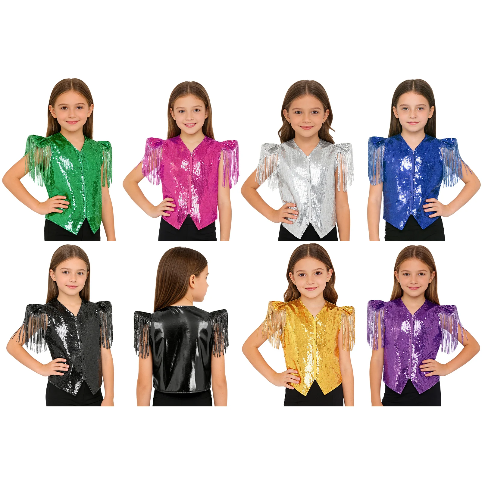 Kids Boys Girls Shiny Sequin Metallic Vest Tassels Cap Sleeves V Neckline Asymmetrical Hem Zipper Waistcoat Stage Performance
Kids Boys Girls Shiny Sequin Metallic Vest Tassels Cap Sleeves V Neckline Asymmetrical Hem Zipper Waistcoat Stage Performance