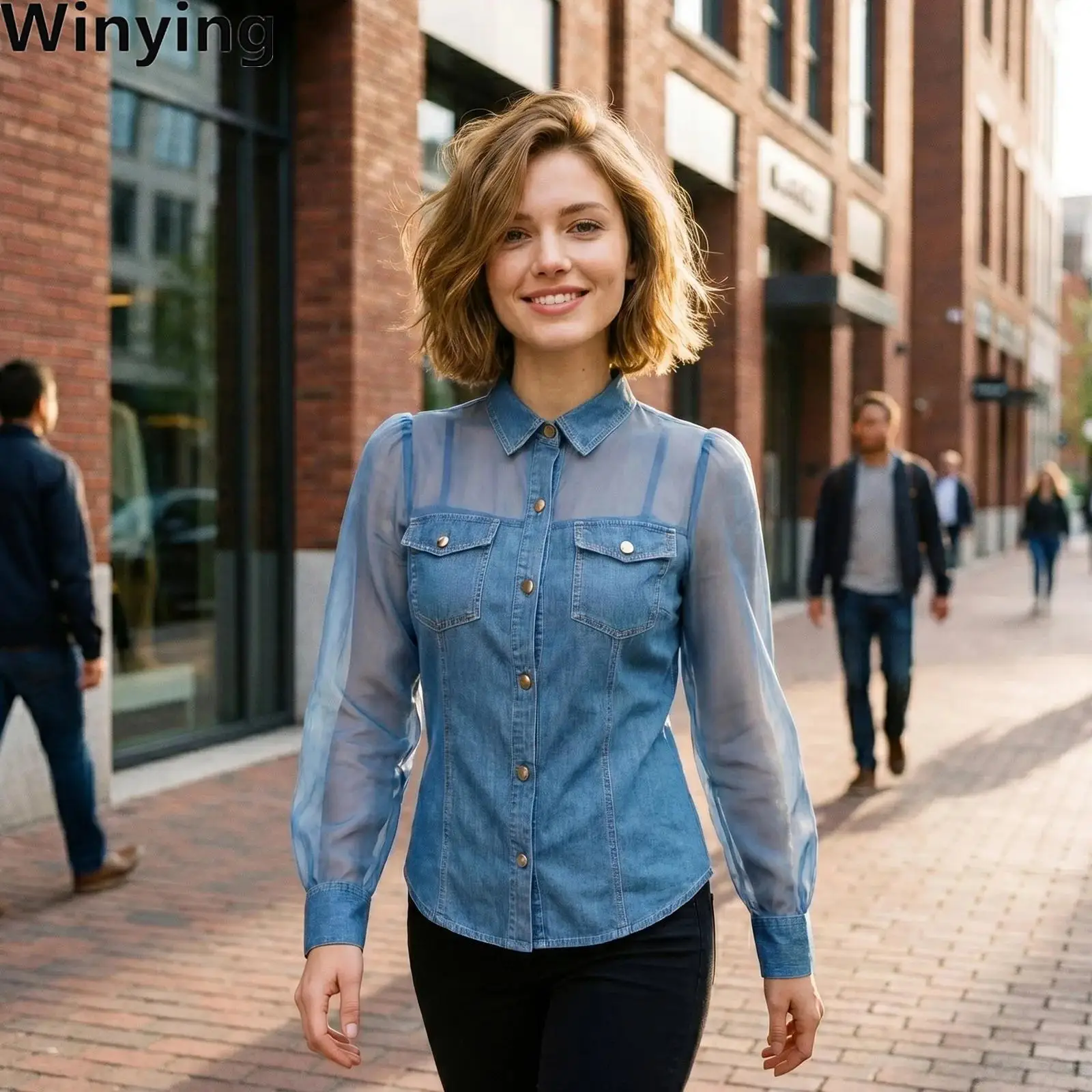 Women Casual Denim Shirt Sheer Mesh Patchwork at Sleeves And Shoulders Long Sleeve Button-down Shirt Top for Office Vacation
Women Casual Denim Shirt Sheer Mesh Patchwork at Sleeves And Shoulders Long Sleeve Button-down Shirt Top for Office Vacation